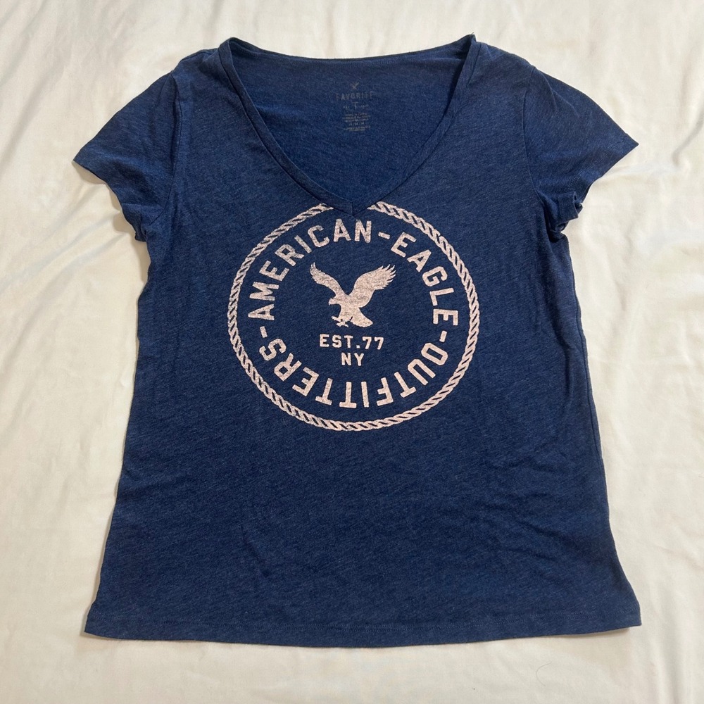 American Eagle Outfitters Womens Favorite T V-Neck Graphic Tee Blue Heather M